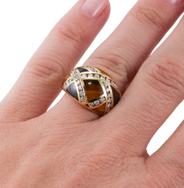 Rings Asch Grossbardt Asch Grossbardt Inlay Tigers Eye Onyx Diamond Gold Ring