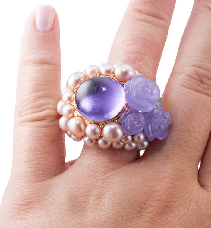 Rings Mimi Milano Mimi Milano Grace Lavender Jade Amethyst Pearl Gold Cocktail Ring