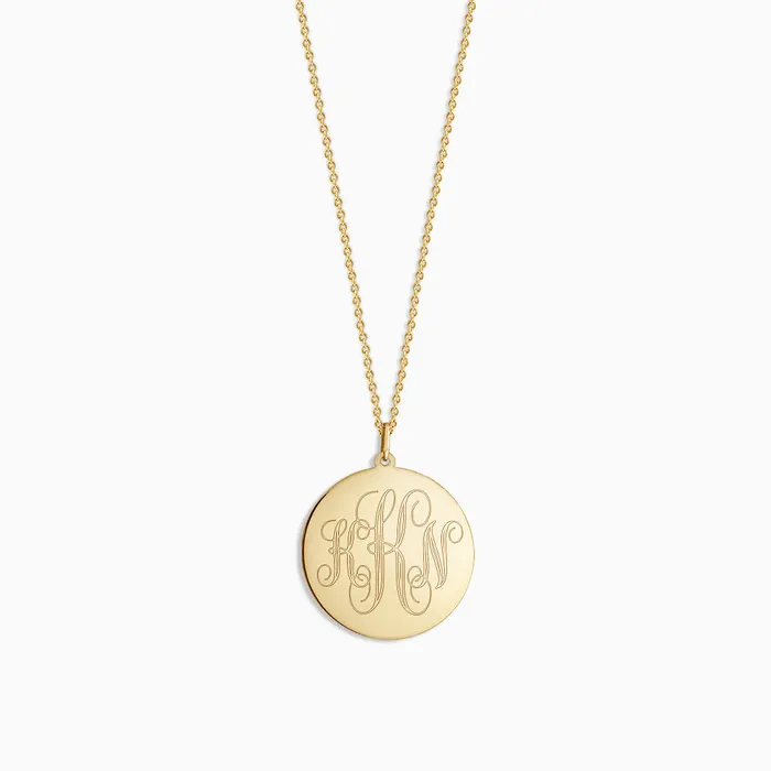 Sandy Steven Engravers Necklaces Engravable 1 inch 14k Yellow Gold InterlockingScript Monogram Disc Charm Necklace Sandy Steven Engravers Necklaces Engravable 1 inch 14k Yellow Gold InterlockingScript Monogram Disc Charm Necklace