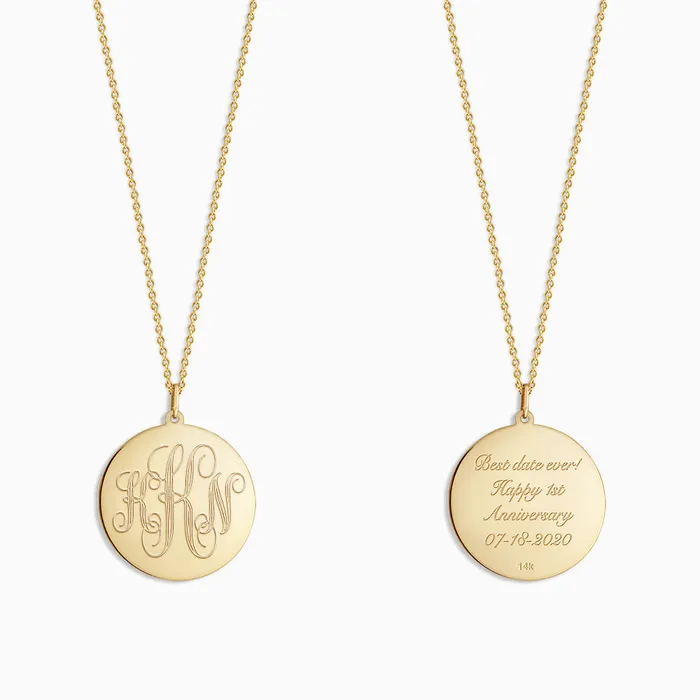 Sandy Steven Engravers Necklaces Engravable 1 inch 14k Yellow Gold InterlockingScript Monogram Disc Charm Necklace