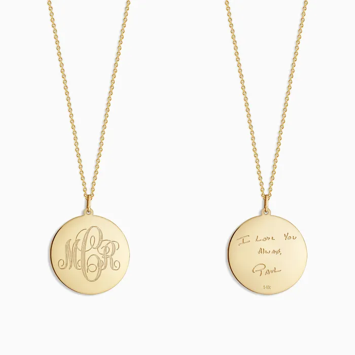 Sandy Steven Engravers Necklaces Engravable 1 inch 14k Yellow Gold InterlockingScript Monogram Disc Charm Necklace