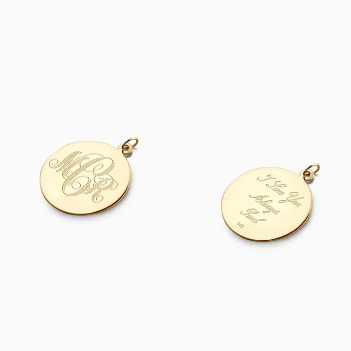 Sandy Steven Engravers Necklaces Engravable 1 inch 14k Yellow Gold InterlockingScript Monogram Disc Charm Necklace